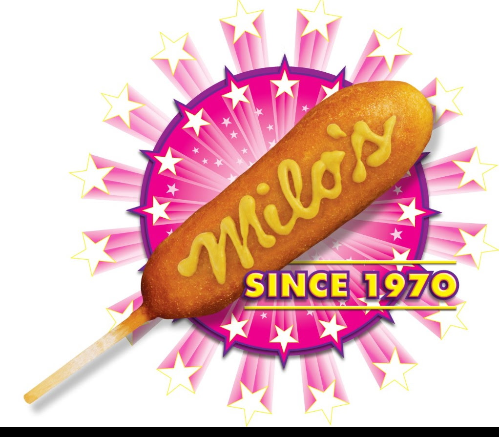 A photo of a corndog with Milo's written on it.